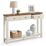 VASAGLE LIRY Collection - Console Table with 3 Drawers and Open Storage Shelf, Narrow Entryway Sofa Table for Living Room, Farmhouse Style, Metal Corners, Honey Brown and Rustic White ULNT142WJ02S