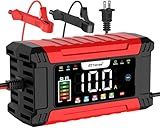 Car Battery Charger 12V 10-Amp Smart Battery Charger, LiFePO4 Battery Maintainer Trickle Charger, and Battery Desulfator with Temperature Compensation, LED Touchscreen (Red)