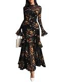 GothDark Womens Floral Maxi Dress Sheer Mesh Bell Sleeve Tiered Ruffle Gothic Romantic Casual Long Dresses Multicolor