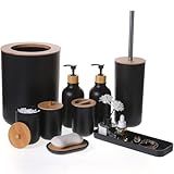 FNGJMJG Matte Black Bathroom Accessories Set 9PCS,Bamboo Bathroom Accessories Sets Complete with Trash Can,Soap Dispenser and Toothbrush Holder Set,Toilet Brush,Qtip Holder,Vanity Tray,Soap Dish