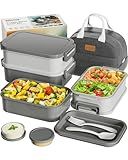 Adults Bento Box with Insulated Lunch Bag, 74oz Capacity 3 Stackable Leak-Proof Bento Box Built-In Utensil and Sauce, PFAS & BPA-Free, Microwave & Dishwasher Safe (Dusk Gray)