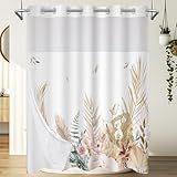 Wyljljy No Hook Flower Shower Curtain with Snap in Liner, Boho Floral Leaves Fabric Shower Curtain Set, Quick Install and Double Waterproof, Brown Tan Plant Modern Bath Curtains for Bathroom, 71"X74"
