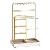SONGMICS Necklace Holder, Jewelry Stand Holder Organizer, Jewelry Display with Metal Frame, Velvet Tray, Earring Bracelet Holder, for Gift Idea, 4.5 x 7.7 x 12.1 inch, Pale Gold UJJS021A01