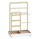 SONGMICS Jewelry Holder, Jewelry Organizer, Jewelry Display Stand with Metal Frame, Velvet Tray, Necklace Earring Bracelet Holder, for Studs, Rings, Gift Idea, Pale Gold UJJS021A01