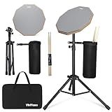 12 Inch Practice Drum Pad with Stand, Sticks and Drum Stick Bucket, Beginner Snare Drum Pad with Drumsticks(one pair) and Carrying Bag, Double Sided Silent Drum Pad (Gray)