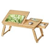 SONGMICS Bed Laptop Desk, Folding Bed Tray for Laptop up to 15.6 Inches, Adjustable Angle and Height, Portable for Working Reading Writing Breakfast, Bamboo, Drawer, Light Bamboo ULLD01N