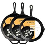 EWFEN Cast Iron Skillet 3-Piece Set, 8", 10" & 12" Pre-Seasoned Frying Pans, Heavy-Duty Professional Restaurant Chef Quality Cookware w/Drip Spout, Indoor & Outdoor Use, Oven, Stove, Grill & Campfire