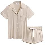 Joyaria Womens Button Down Pajama Bamboo Viscose Pajamas Sets Sleepwear for Summer(Cream,Large)