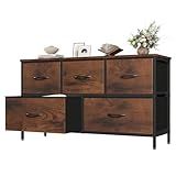 OLIXIS 5 Drawer Dresser for Bedroom, Closet Chest Organizer Furniture, TV Stand for Living Room Hallway, Wide Fabric Storage Tower with Wooden Top and Metal Frame, Brown