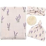 LifeTree Muslin Swaddle Blankets, Muslin Baby Boy Swaddle Blanket, Headband and Hat Set with Birth Announcement Card, Newborn Unisex Receiving Organic Cotton Blankets, Lavender Pattern