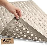 GORILLA GRIP Patented Bath Tub Shower Mat, Machine Washable Bathtub Floor Liner Mats, Suction Cups and Drain Holes to Keep Tubs Clean, Soft on Feet, Bathroom Essentials, 35x16 Inch, Beige