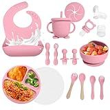 Baby Led Weaning Supplies, 17 Piece BPA-Free Silicone Feeding Set, Eating Essentials Baby Utensils with Suction Plate and Bowl, Pocket Bib, Sippy Cup with Lid, for 6+ Months, Pink