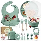 O'doe 17-Piece BPA-Free Silicone Baby Feeding Set | Thick & Soft Suction Plates, Baby Bowls, Wooden Fork & Spoon, and More | Make Mealtime Fun and Easy for Your Little One (Green, V2)