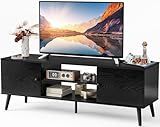 Sweetcrispy TV Stand for 55 60 inch TV, Modern Mid Century Entertainment Center with Storage, Media Console Table 2 Cabinet, Soft Hinge, Handle Door, Wooden Living Room, Office Furniture, Pure Black