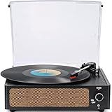 WOCKODER Vinyl Record Players Vintage Turntable with Speakers Belt-Driven Turn Tables Support 3-Speed, Bluetooth Wireless Playback, Headphone, AUX-in, RCA Line LP Phonograph Auto Stop Retro Black