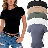 CE' CERDR 3/5 Pack Womens T Shirts Crew Neck Short Sleeve Shirts for Women Casual Basic Tees Fitted Stretchy Layering Tops