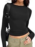 Trendy Queen Womens Long Sleeve T Shirts Fall Fashion 2025 Basic Crop Tops Going Out Workout Outfits Y2k Clothes Black S