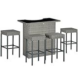 Outsunny 5 Piece Wicker Outdoor Bar Set, High Top Outdoor Table and Chairs, Bar Height Patio Set with Glass Table Top 2 Tier Storage Shelf and 4 Bar Stools for Garden, Poolside, Gray