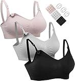HOFISH 3PACK Full Bust Seamless Nursing Maternity Bras 3Pack Black,Grey,Elegant Pink Large