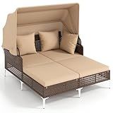 Tangkula Outdoor Rattan Daybed with Retractable Canopy, Boho Patio Wicker Sunbed with Metal Support, Pillows & Cushions, Outdoor Double Chaise Lounge with Shade for Backyard, Poolside, Deck & Balcony