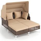 Tangkula Outdoor Rattan Daybed with Retractable Canopy, Boho Patio Wicker Sunbed with Metal Support, Pillows & Cushions, Outdoor Double Chaise Lounge with Shade for Backyard, Poolside, Deck & Balcony