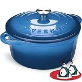 Overmont Enameled Cast Iron Dutch Oven - 7QT Pot with Lid Cookbook & Cotton Potholders - Heavy-Duty Cookware for Braising, Stews, Roasting, Bread Baking blue