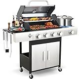 49000 BTU Output Propane Gas Grill with Side Burner and 4 Main Burners - Double-layer Stainless Steel Lid, Cast Iron Grids and Plate, Easy-Clean Grease Management for Perfect BBQs