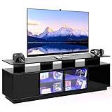ansefe 70 Inch Black TV Stand with LED Lights, Power Strips, and USB Charging Station for Mobile Phones, Transparent Glass Door Storage Cabinet, Entertainment Center with Large Storage Space