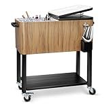 EDOSTORY 80 Quart Rolling Brown Wood Grain Ice Chest Cooler Cart,Patio Backyard Party Drink Beverage Bar Stand Up Cooler Trolley with Ice Scoop