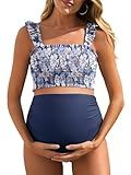 Summer Mae Maternity High Waist Bikini Swimsuit Two Piece Ruffled Hem Cute Bathing Suit Floral Pregnancy Swimwear Dewdrop Blooms X-Large