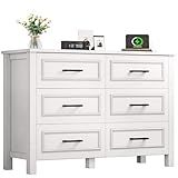 YITAHOME 6-Drawer Dresser with Built-in Power Outlet, Wood TV Stand with 6 Large Drawers & Bar Handles, Dresser Chest of Drawers for Entryway Living Room Hallway, White