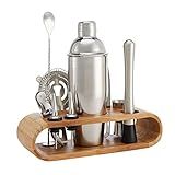 Amazon Basics 10-Piece Stainless Steel Cocktail Shaker Bar Tool Set with Bamboo Stand Holder, Home Bar Drink Mixing Accessories, Housewarming Gift