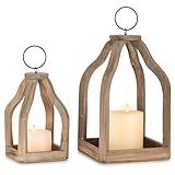 Staymoment Wood Lanterns Decorative Indoor: Farmhouse Hanging Candle Holder Set of 2 Brown Table Centerpiece Fireplace Mantle Shelf 11" & 8" Rustic Home Decor Fall Ornaments