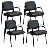 Sweetcrispy Office Reception Guest Waiting Room Chairs Set of 4, Leather Stationary Chair No Wheels with Padded Arms for Elderly Desk Conference Room Lobby, Inky