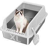 OneBug Extra Large Stainless Steel High Sides Cat Litter Box with Scoop, XL 23"X15"X10.3" Metal Odor Resistant Nonstick Easy Clean Kitty Litterbox, Gray