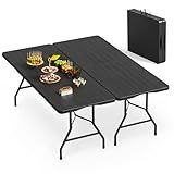 VSOAEIL Set of 2 6 Foot Folding Table for Indoor Outdoor, Portable Heavy Duty Fold-in-Half Utility Plastic Foldable Dining Table with Carrying Handle for Picnic, Camping and Party, 2 Pack Matte Black