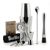 Barillio Boston Shaker Set - Stainless-Steel, Weighted, Martini Cocktail Shaker Set w/Strainer & Mixer - Mixology Bartender Kit - Bar Set for The Home - 9-pc Drink Shaker Set - Bar Tools - Silver