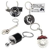 5pc Car Lovers Key Chain Set - Manual Gear Shifter | Wheel Rim | Spanner | Turbo | Brake Disc Keychain | Auto Enthusiast Gift Set | Car Truck Bike | Parts Keyring