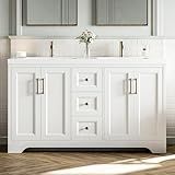 LIKIMIO 59" Bathroom Vanity with Sink, Freestanding Bathroom Vanity with 4 Soft-Close Doors & 2 Drawers, Integrated Double SMC Sink, Transitional Bathroom Vanity, Assembly Required, White