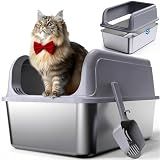 Powools Stainless Steel Cat Litter Box, High-Sided, Grey, M (1 Pack)