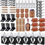 60Pcs Groomsmen Gifts Groomsmen Proposal Box with Shot Glasses Socks Sunglasses PU Leather Toiletry Bag Bottle Opener Can Cooler Groomsman Gifts for Wedding Groomsmen Best Man Gift (60, Brown)
