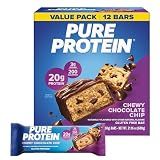 Pure Protein Chewy Chocolate Chip Protein Bars – 20g Protein, 3g Sugar, 190 Calories (12 count) Low Sugar* High Protein Snack - Gluten Free - Perfect for a Healthy Snack