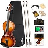 Cecilio 3/4 Violin Solidwood Violin with D'Addario Prelude Strings, Bow, Rosin, Tuner, Shoulder Rest & Lesson Book – Ideal for Beginners
