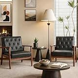 STHOUYN Black Leather Accent Chairs Set of 2, Waiting Room Chairs with Wood Arms, Office Guest Arm Chair, Mid Century Modern Living Room Chair (2, Black)