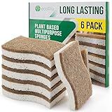 6 Pack Natural Kitchen Sponges, Compostable White Cellulose & Organic Coconut Scrubber Sponge for Washing Dishes, Kind Eco Friendly Non Toxic & Biodegradable Dishwashing Sponges