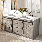 LUXOAK 60" Farmhouse Bathroom Double Vanity Sliding Barn Door with Sink Combo, Bathroom Vanity Cabinet with Drawers & Metal Handles, Freestanding, Gray