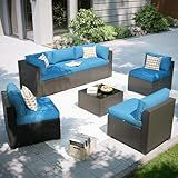 Aoxun Patio Furniture Set, 7 Piece Outdoor Sectional Sofas with Waterproof Cover, Wicker Rattan Outdoor Furniture Patio Conversation Set for Backyard, Garden Peacock Blue