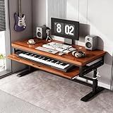 Music Studio Desk Workstation with Keyboard Tray, Office Computer Table with Organized Wiring/Keyboard Shelf Workbench Electronic Piano Midi Production Recording Studio
