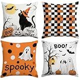 YOSICHY Halloween Ghost Pillow Covers 18x18 Inch,Set of 4 Vintage Halloween Decor Indoor Outdoor Throw Pillow Covers, Trick or Treat Orange Black Linen Cushion Case for Home Sofa Couch Bedroom Chair