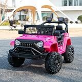 12V 7AH Kids Ride-On Truck Jeep, Electric Car with Parent Remote Control, Spring Suspension, LED Lights, Bluetooth, Music, Pink